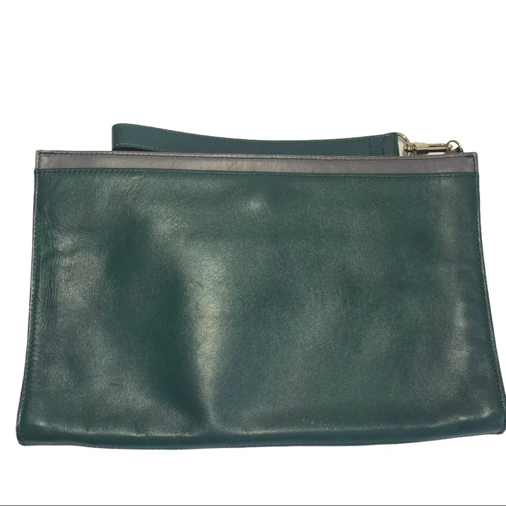 HALOGEN Leather Clutch Dark teal green w/wrist strap Two-Toned Minimalist Mod